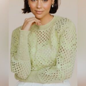 Le Lis crochet floral knit chartreuse open weave sweater 100%cotton top Sheer